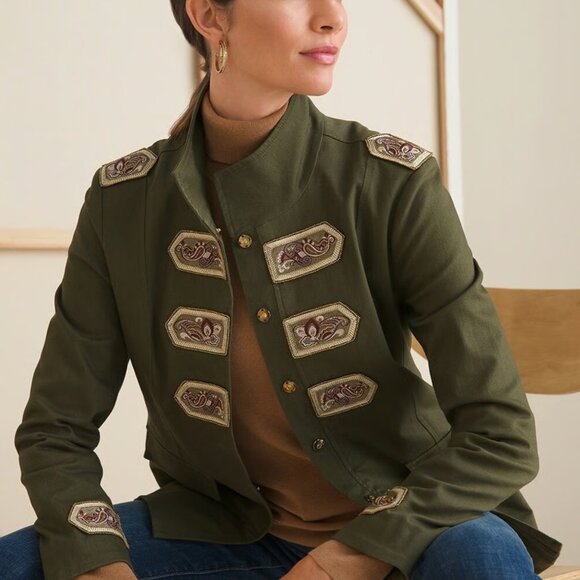 Chico's Quilted Military Jacket Sz 3 / XL Olive Green Embellished Baroque EUC - Picture 1 of 11
